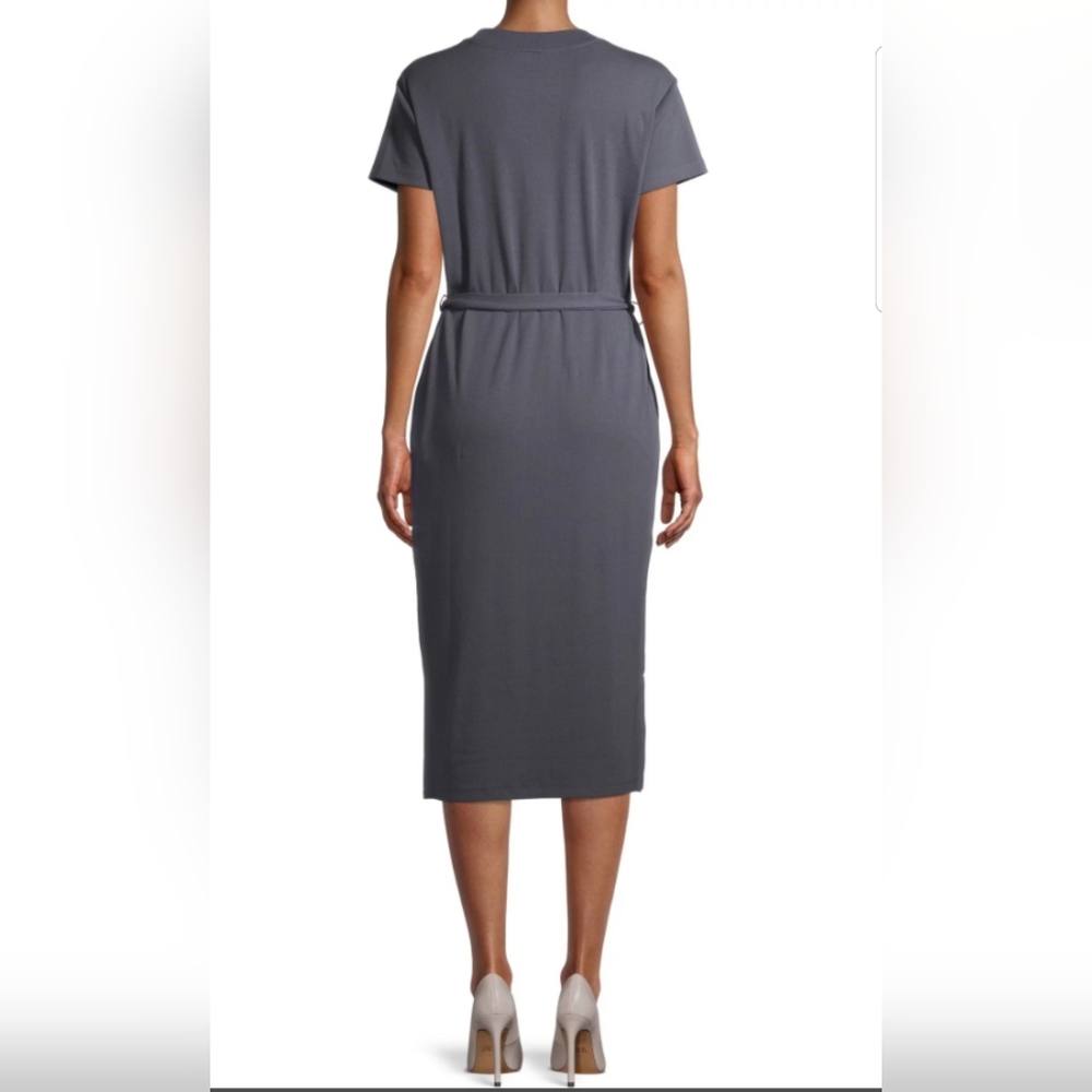 Time and Tru Long Midi Short Sleeve Belted Gray Side Splits Dress Large - Picture 4 of 9